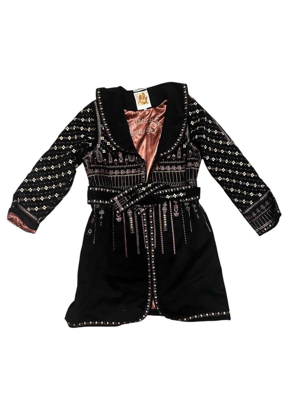 Black Embroidered Belted Coat with Pink Accents - Picture 2 of 4